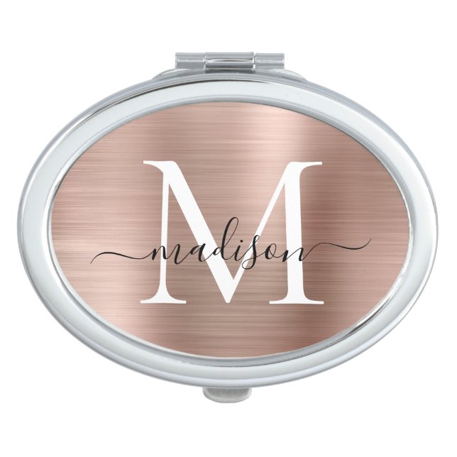 Stylish Rose Gold Brushed Metal Monogram Script Compact Mirror (Front)