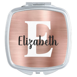 Stylish Rose Gold Brushed Metal Monogram Script Compact Mirror