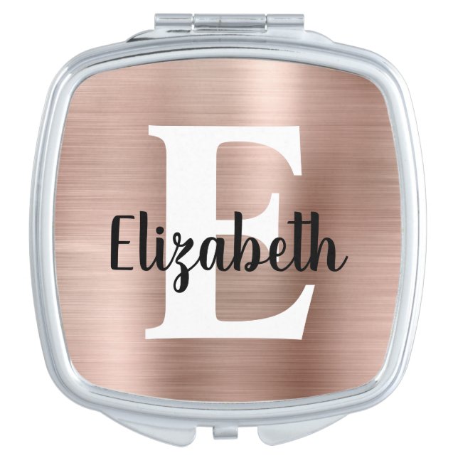 Stylish Rose Gold Brushed Metal Monogram Script Compact Mirror (Front)