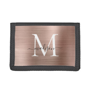 Stylish Rose Gold Brushed Metal Monogram Script Tri-fold Wallet