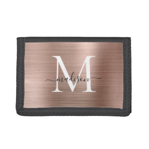 Stylish Rose Gold Brushed Metal Monogram Script Tri-fold Wallet