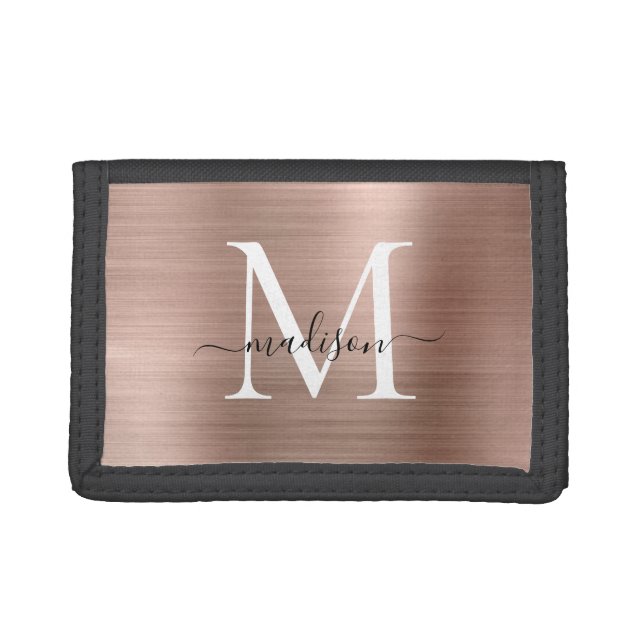 Stylish Rose Gold Brushed Metal Monogram Script Tri-fold Wallet (Front)