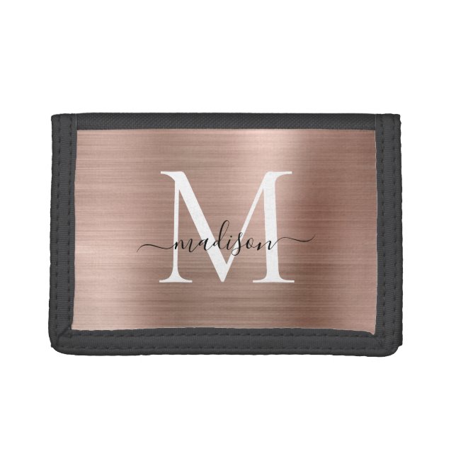 Stylish Rose Gold Brushed Metal Monogram Script Trifold Wallet (Front)