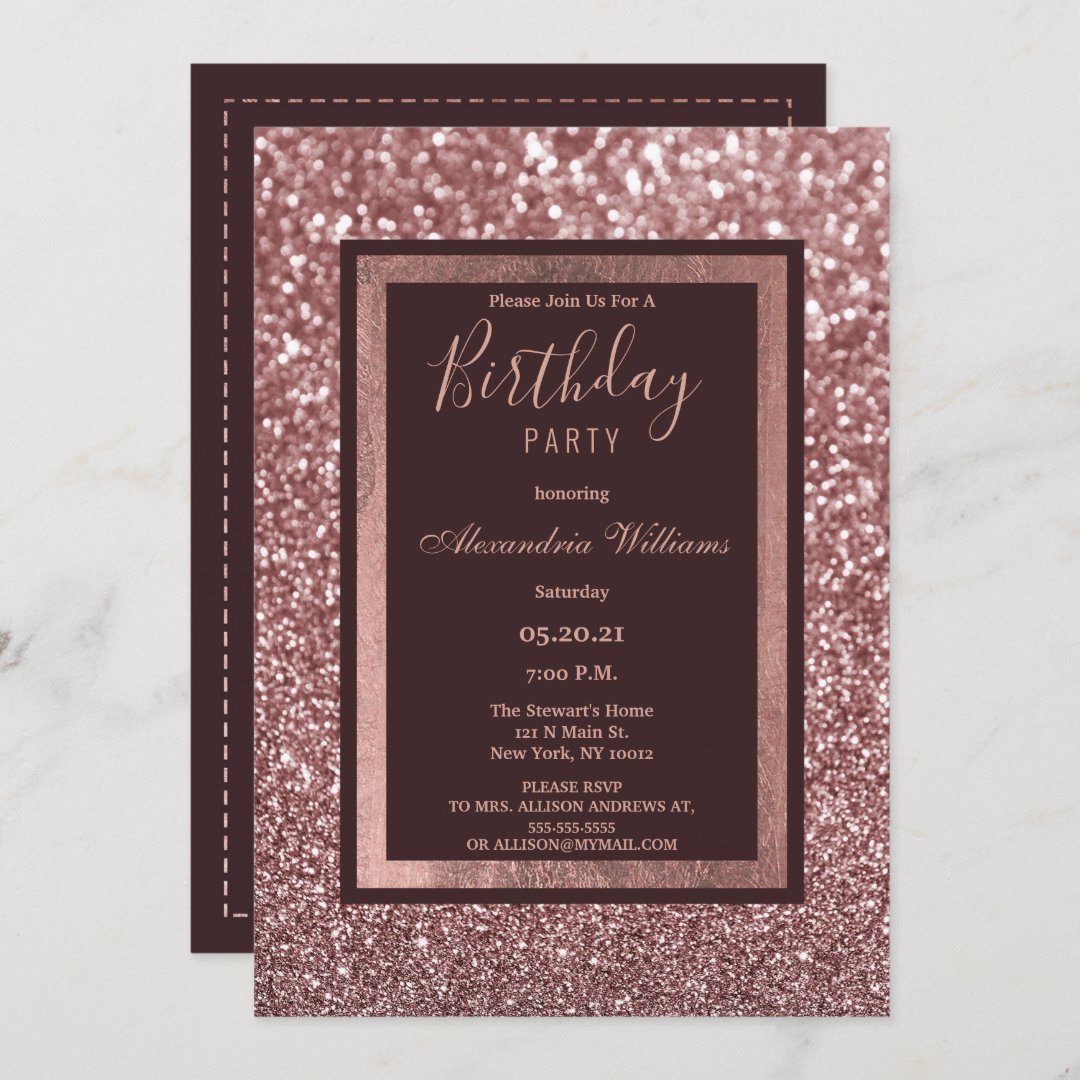 Stylish Rose Gold Burgundy Glitter Birthday Party Invitation 