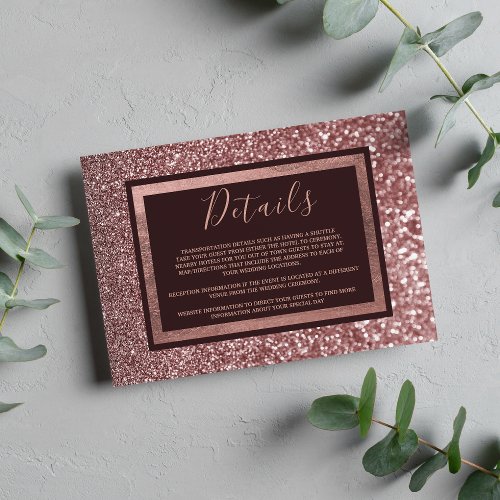 Stylish rose gold burgundy glitter Details Enclosure Card