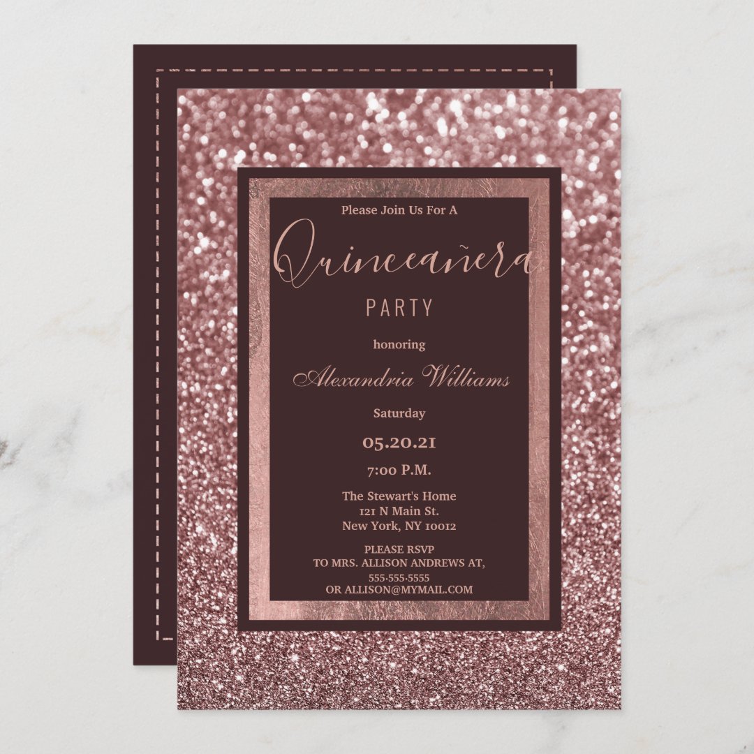 Stylish Rose Gold Burgundy Glitter Quinceañe Party Invitation | Zazzle