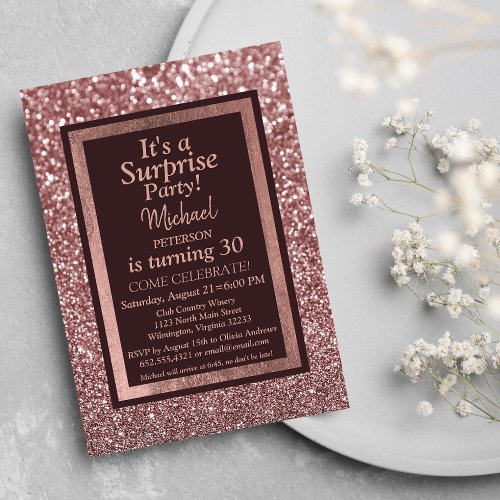 Stylish rose gold burgundy glitter Surprise Party Invitation