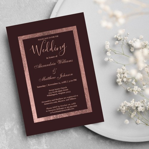 Stylish rose gold burgundy luxury Wedding Invitation