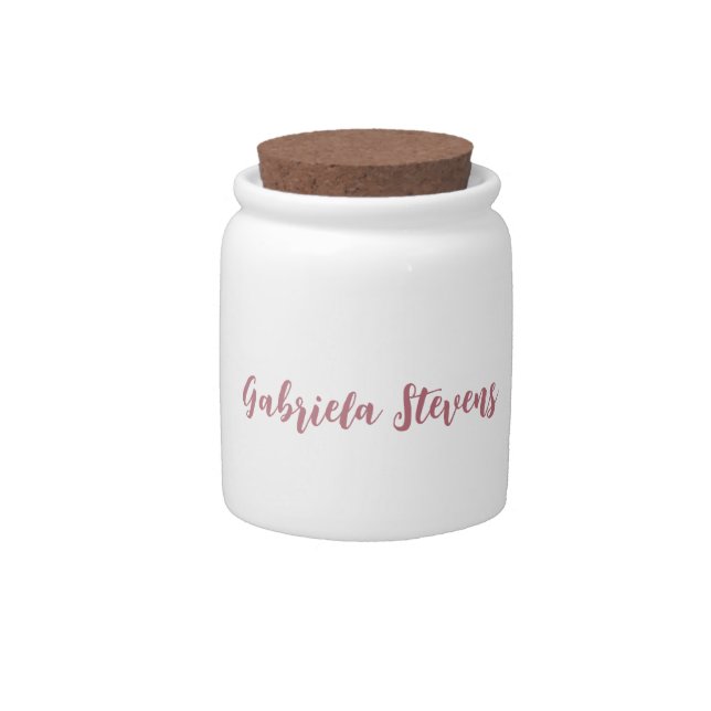 Stylish Rose Gold Calligraphy Name White Candy Jar (Front)