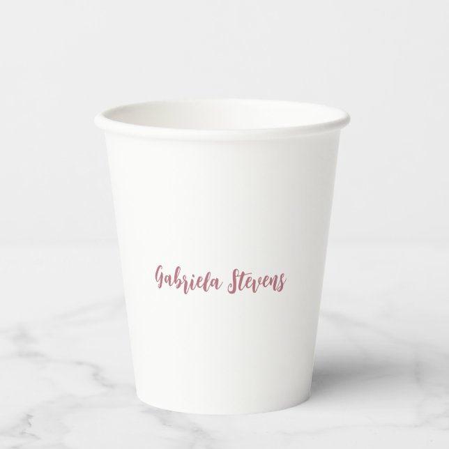 Stylish Rose Gold Calligraphy Name White Paper Cups (Front)