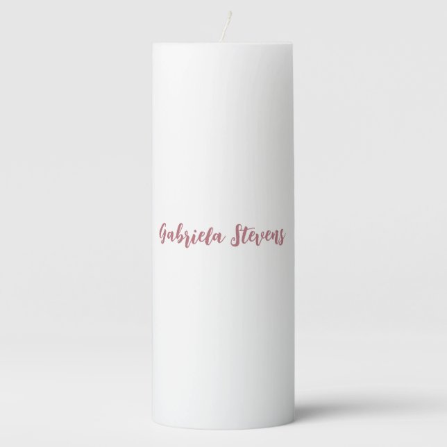 Stylish Rose Gold Calligraphy Name White Pillar Candle (Front)
