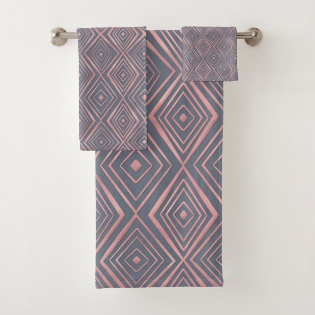 Stylish Rose Gold Diamond Shapes Doodles Gray Bath Towel Set (Insitu)