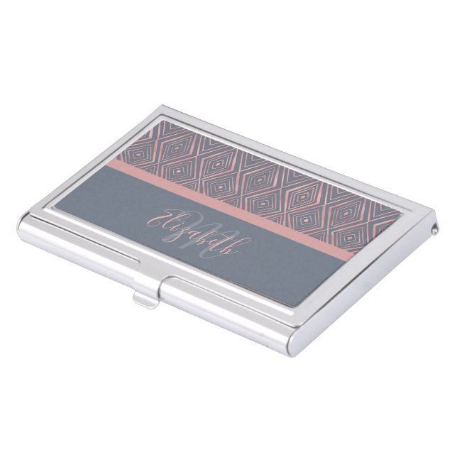 Stylish Rose Gold Diamond Shapes Doodles Gray Business Card Case (Front)