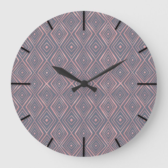 Stylish Rose Gold Diamond Shapes Doodles Gray Large Clock (Front)