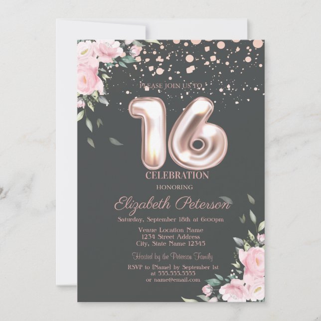 Stylish Rose Gold Dots,Floral Sweet 16  Invitation (Front)