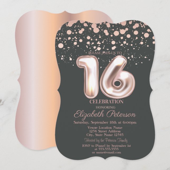 Stylish Rose Gold Dots Gray Sweet 16 Invitation (Front/Back)