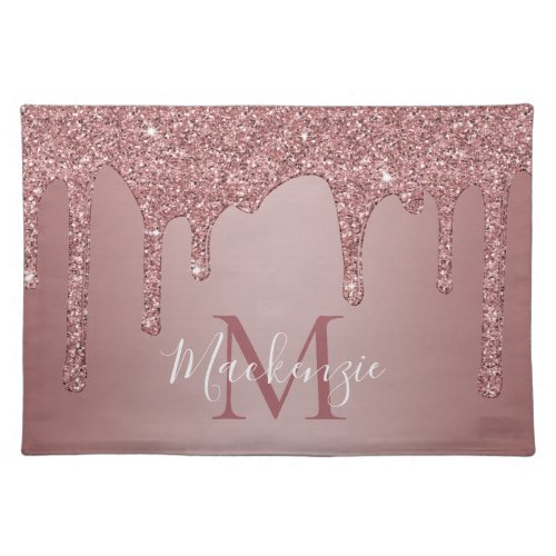 Stylish Rose Gold Dripping Glitter Monogram Cloth Placemat