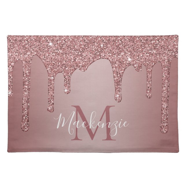 Stylish Rose Gold Dripping Glitter Monogram Cloth Placemat (Front)