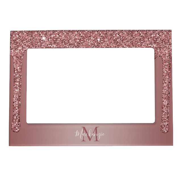 Stylish Rose Gold Dripping Glitter Monogram Magnetic Frame (Front)
