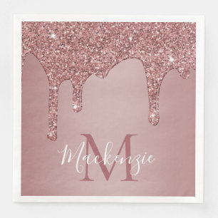 Stylish Rose Gold Dripping Glitter Monogram Paper Dinner Napkins