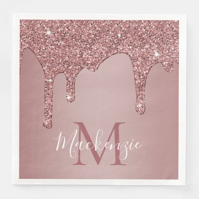 Stylish Rose Gold Dripping Glitter Monogram Paper Dinner Napkins (Front)