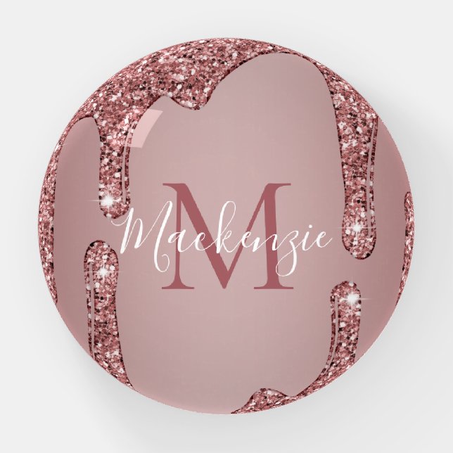 Stylish Rose Gold Dripping Glitter Monogram Paperweight (Front)