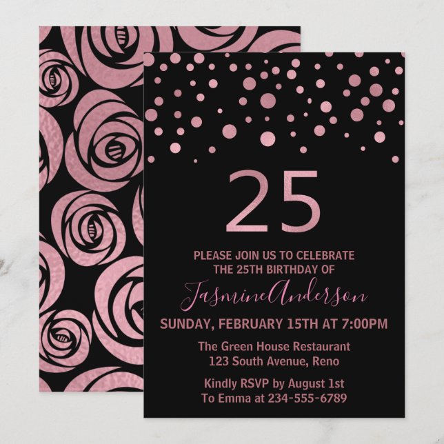 Stylish Rose Gold Faux Foil 25th Birthday Party Invitation (Front/Back)