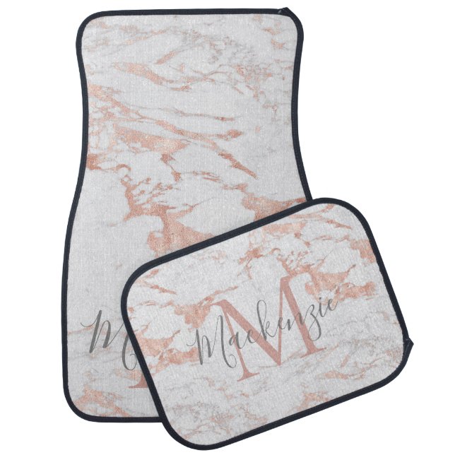 Stylish Rose Gold Foil Marble Monogram Car Floor Mat (Set)