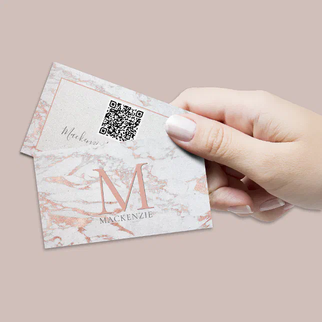 Stylish Rose Gold Foil Marble Monogram QR Code Business Card Zazzle
