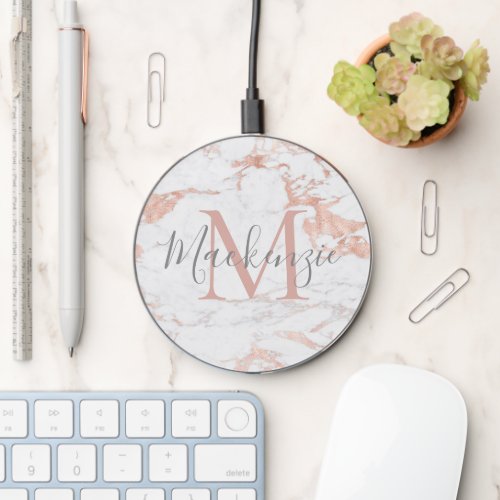 Stylish Rose Gold Foil Marble Monogram Wireless Charger