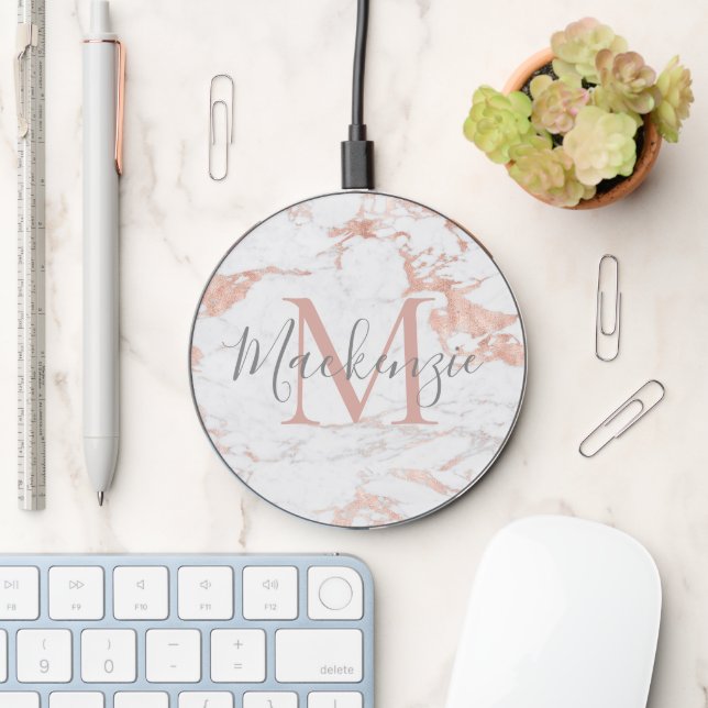 Stylish Rose Gold Foil Marble Monogram Wireless Charger (Desk)