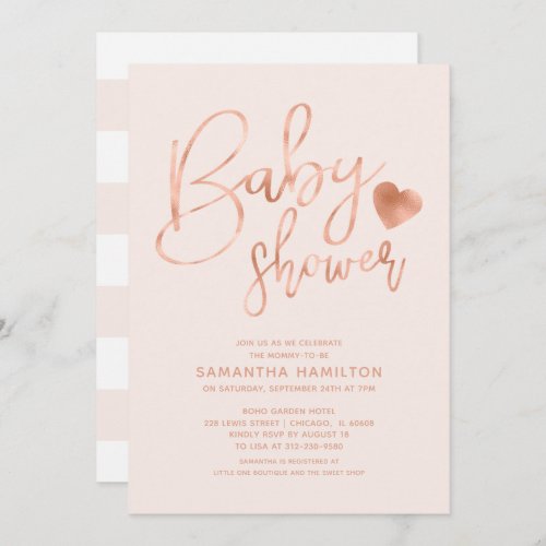 Stylish Rose Gold Foil Pink Blush Baby Shower Invitation