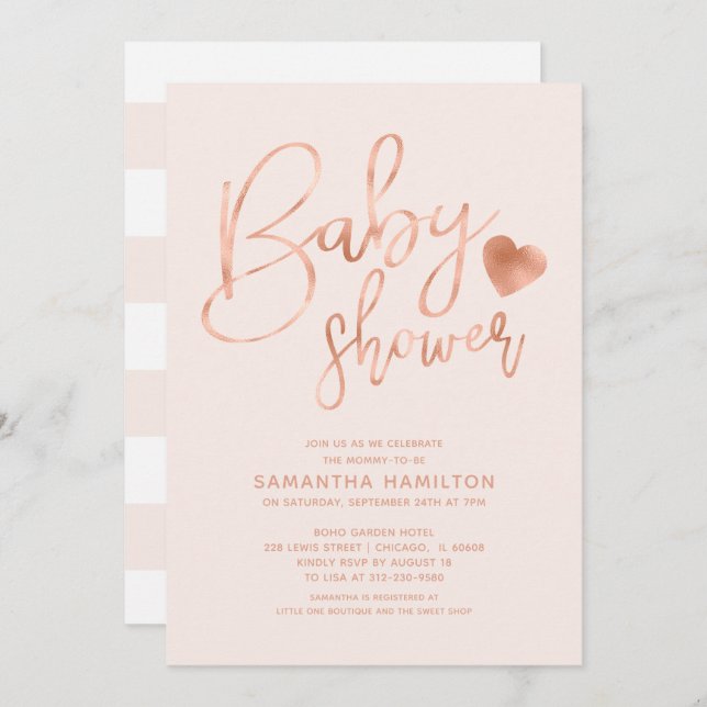 Stylish Rose Gold Foil Pink Blush Baby Shower Invitation (Front/Back)