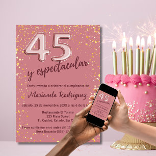 Stylish Rose Gold Glitter 45th Birthday Spanish Invitation