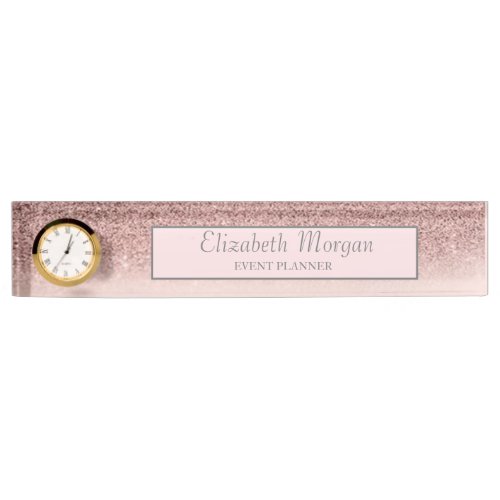 Stylish Rose Gold Glitter Bokeh Ombre Frame Desk Name Plate