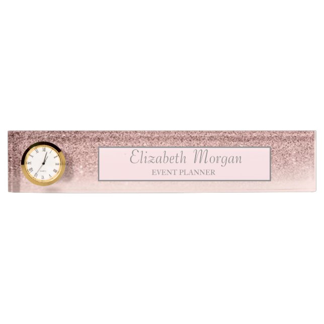 Stylish Rose Gold Glitter Bokeh Ombre, Frame Desk Name Plate (Front)