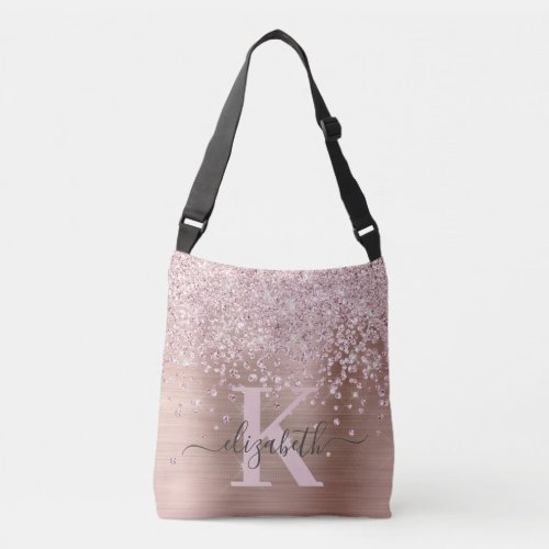 Stylish Rose Gold Glitter Diamond Monogrammed Crossbody Bag