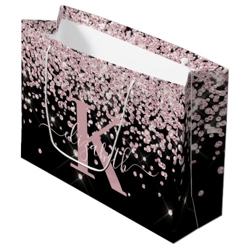 Stylish Rose Gold Glitter Diamond Script Monogram Large Gift Bag