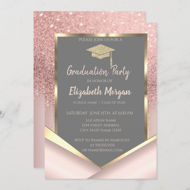 Stylish Rose Gold Glitter  Diamonds Graduation Invitation (Front/Back)