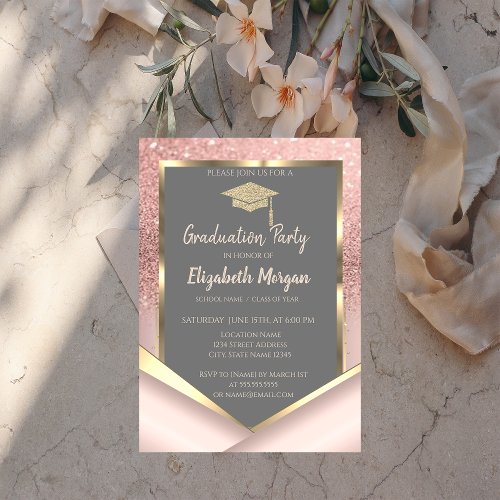 Stylish Rose Gold Glitter  Diamonds Graduation Invitation