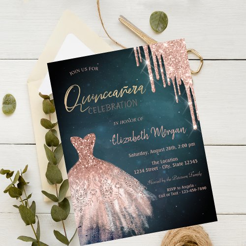 Stylish Rose Gold Glitter Drips Dress Quinceaera  Invitation