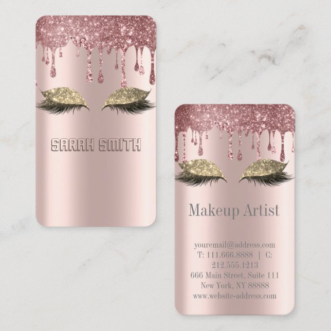 Stylish Rose Gold, Glitter Drips Eyelashes Business Card (Front/Back)