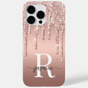 Stylish Rose Gold Glitter Drips Metal Monogram Case-Mate iPhone 14 Pro Max Case