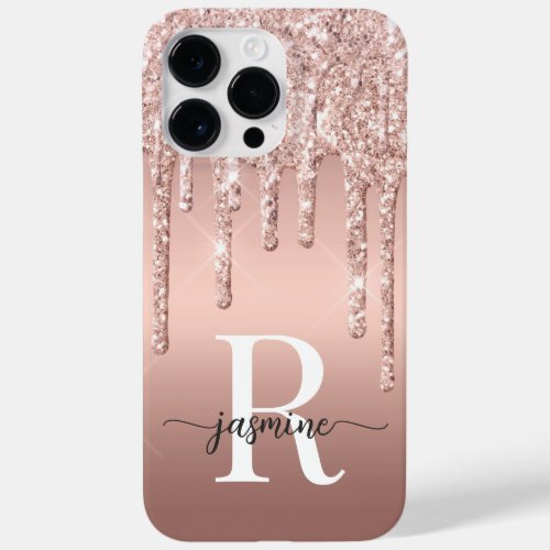 Stylish Rose Gold Glitter Drips Metal Monogram Case_Mate iPhone 14 Pro Max Case