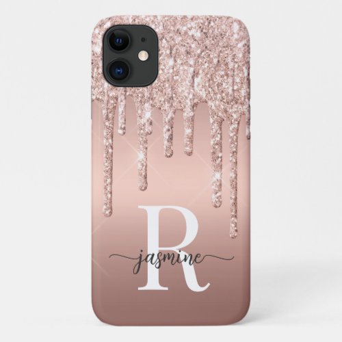 Stylish Rose Gold Glitter Drips Metal Monogrammed iPhone 11 Case