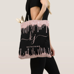 Stylish Rose Gold Glitter Drips Monogram Script Tote Bag