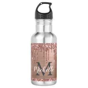 Stylish Rose Gold Glitter Drips Monogrammed  Stainless Steel Water Bottle