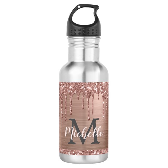 Stylish Rose Gold Glitter Drips Monogrammed  Stainless Steel Water Bottle (Front)
