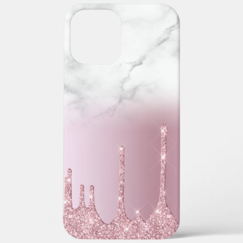 Stylish rose gold glitter drips ombre white marble iPhone 12 pro max case