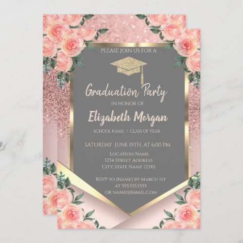 Stylish Rose Gold Glitter Floral Graduation Invitation